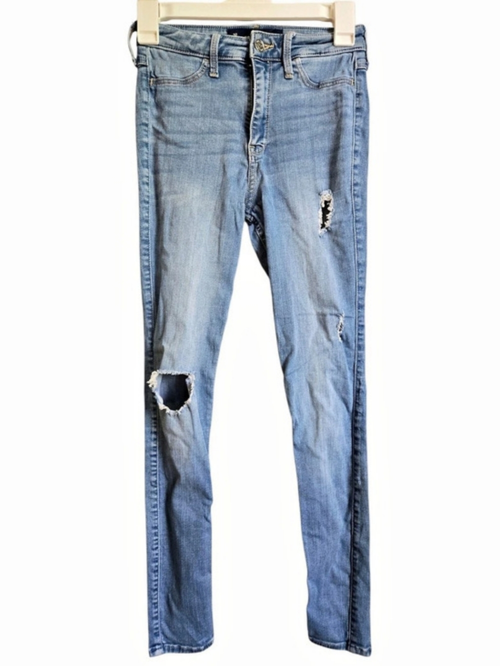 Hollister High-Rise Super Skinny Jeans Distressed Skinny Jeans in Blue